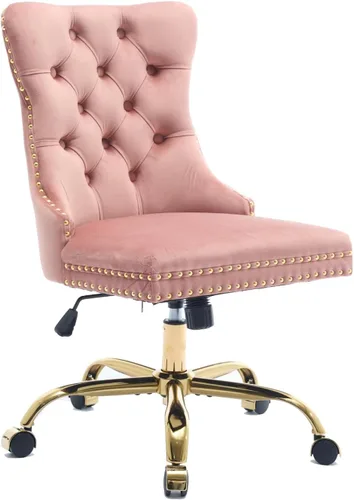 Miniatura 9 de Warmiehomy Silla de oficina con respaldo copetudo, silla de escritorio de terciopelo con base dorada, sillas de maquillaje giratorias de altura
