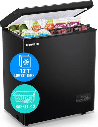 DEMULLER Congelador de pecho de gran capacidad (hasta -11.2 ℉) con dos cestas extraíbles independientes, color negro, tamaño compacto para el hogar,