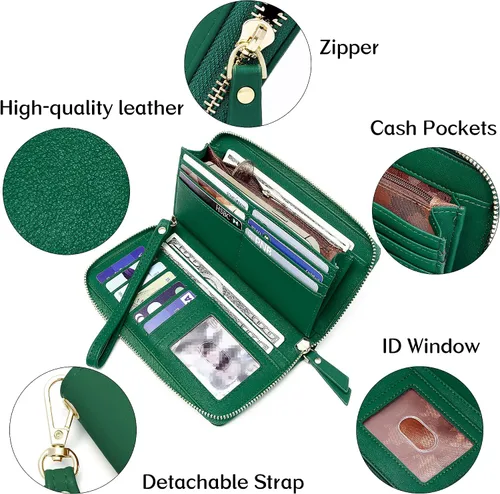 Miniatura 6 de Badiya Cartera para mujer con bloqueo RFID, soporte para tarjetas de crédito, de gran capacidad, con cierre de cuero, con cremallera alrededor