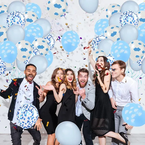 Miniatura 7 de Paready Globos de nube, 60 globos de fiesta de nubes azules y blancas con estampado de nubes, globos de látex azul bebé, globo de confeti azul