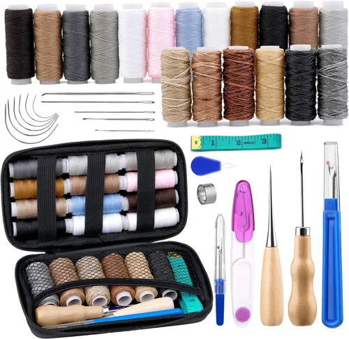 BUTUZE Kit de reparación de tapicería, kit de costura de cuero, hilo de coser, hilo encerado, agujas de coser a mano resistentes, punzón de costura,