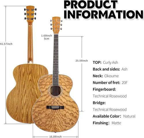 Miniatura 3 de TARIO 41 '' Antiguo Cuerpo Jumbo Guitarra Acústica Cuerpo Fresno Rizado Cuerpo Okoume Cuello Natural