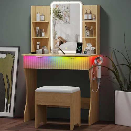 Mesa de Tocador Pequeña con Espejo y Luces, Tocador de Maquillaje con Espejo Iluminado por LED, Tocador con Luces y Silla, Mesa de Vestir Ajustable