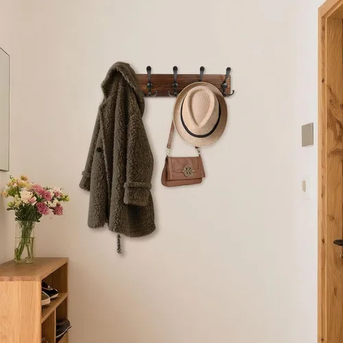 Miniatura 4 de Perchero de pared rústico para sombreros de 16.8 pulgadas con 5 ganchos triples para colgar abrigos, bolsos, toallas