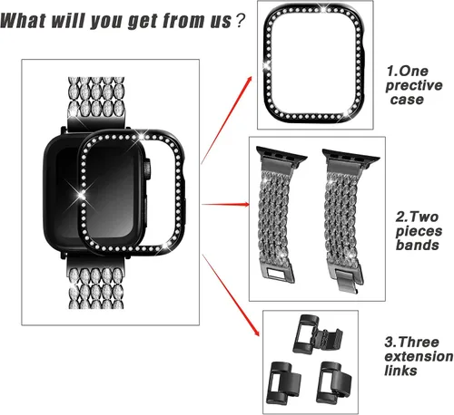 Miniatura 6 de Correas de repuesto de metal con diamantes de imitación brillantes de circonita cúbica para Apple Watch de 1.496 pulgadas, 1.575 pulgadas, 1.614