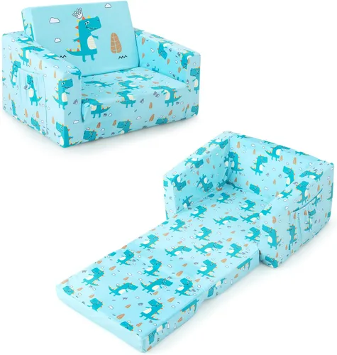 Miniatura 10 de Costzon Sofá para niños, sofá infantil abierto 2 en 1 con tela de terciopelo, bolsillos de almacenamiento, reposabrazos para niños pequeños, cama