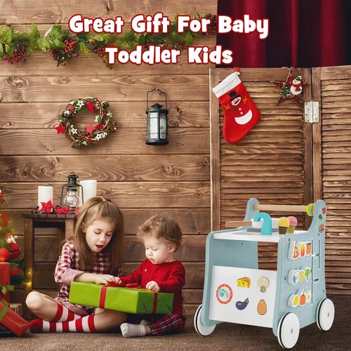 Miniatura 9 de HONEY JOY Andador de empuje para bebés, centro de actividades de madera 6 en 1 con clasificador de formas y pizarra, desarrolla habilidades motoras
