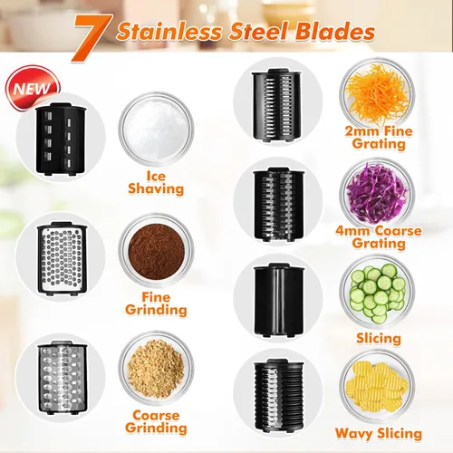Miniatura 4 de Rallador Eléctrico de Queso Anatole de 7 Cuchillas, Rectificador de Hielo de Acero Inoxidable, Triturador de Vegetales de 250W, Libre de BPA, 110V