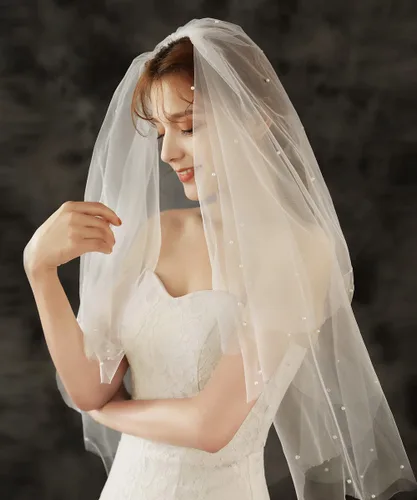 Miniatura 4 de JWICOS Velo de novia de 2 niveles para novias, accesorios cortos de tul para novia con peine y borde cortado, diadema de velo de perlas