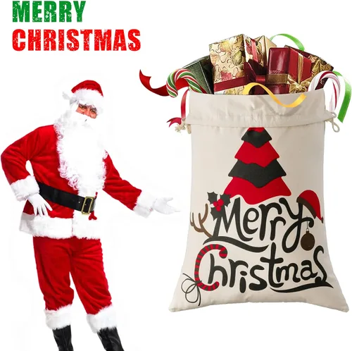 Miniatura 3 de HBlife Saco de Papá Noel Personalizado Bolsa de Papá Noel para Bolsa de Regalo de Navidad Algodón con Cordón Tamaño 19.7 x 27.6 Pulgadas