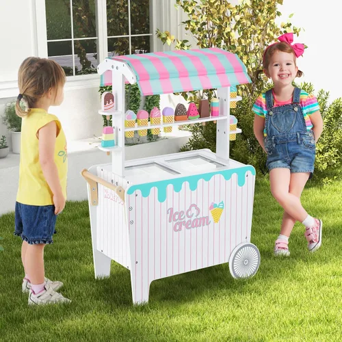 Miniatura 2 de Costzon Juego de Carrito de Helados, Tienda de Comestibles de Madera con Estante de Exhibición y Repisas, Compartimento Congelador, 2 Ruedas