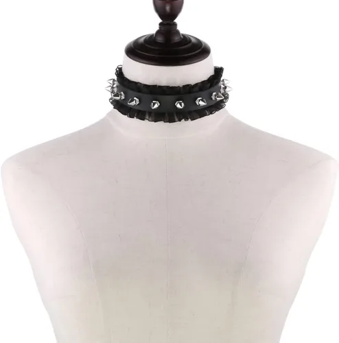 Miniatura 5 de Gargantilla de piel gótica para mujer, con remaches de encaje y cuello ajustable
