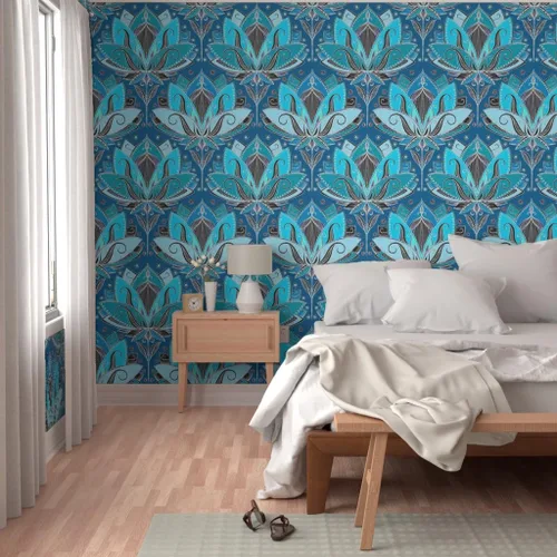 Miniatura 5 de Muestra de papel tapiz extraíble - Art Deco Lotus Teal Turquoise Negro Nouveau Retro Tea Geométrico Azul Aqua Papel pintado personalizado pre-pegado
