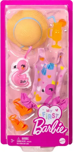 Miniatura 2 de Barbie My First Barbie Clothes, paquete de moda para muñecas preescolares de 13.5 pulgadas, juego con traje de baño, flamenco y accesorios de playa