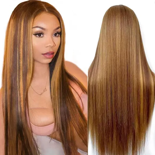 Miniatura 19 de Peluca de cabello humano lacio marrón con reflejos de 13 x 4, peluca frontal de encaje transparente #4, peluca corta Bob para mujeres negras