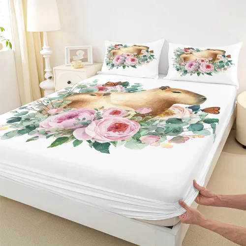 Miniatura 4 de Capybara - Sábana bajera ajustable tamaño individual, sábanas florales kawaii, diseño de animales rosados, dibujos animados, vida silvestre, roedor