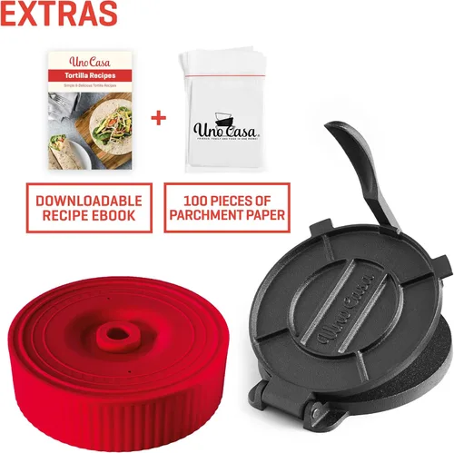 Miniatura 5 de Uno Casa Prensa de tortilla de hierro fundido de 8 pulgadas con calentador de tortillas - Paquete de preparador pre-sazonado para quesadillas, roti