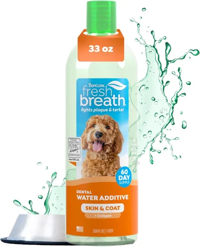 TropiClean Aditivo de Agua Fresh Breath para Perros con Colágeno, Apoyo para la Salud de la Piel para Perros, Refrescante del Aliento y Solución de