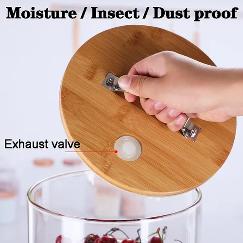 Miniatura 3 de Dispensador de arroz de vidrio con soporte de madera, tarros dispensadores de cereales para el hogar, harina de cocina, grano de azúcar, juego
