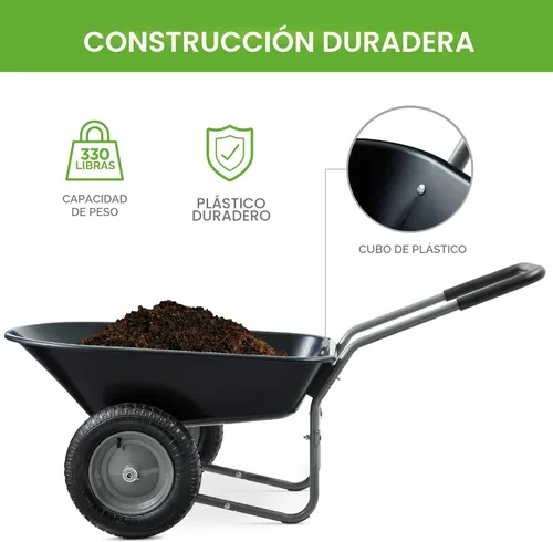 Miniatura 3 de Best Choice Products carretilla de jardín para hogar con doble rueda y soporte incorporado para césped, jardinería, construcción - Negro