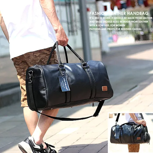 Miniatura 6 de Bolsa de viaje de cuero con bolsa para zapatos, bolsa impermeable para fin de semana, bolsa de lona de mano para hombres y mujeres, color negro
