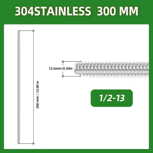 Miniatura 3 de TAISHER 2 varillas de acero inoxidable 304 totalmente roscadas, tornillo roscado largo de 1/2 "-13 de 12 pulgadas de longitud, roscas de mano derecha