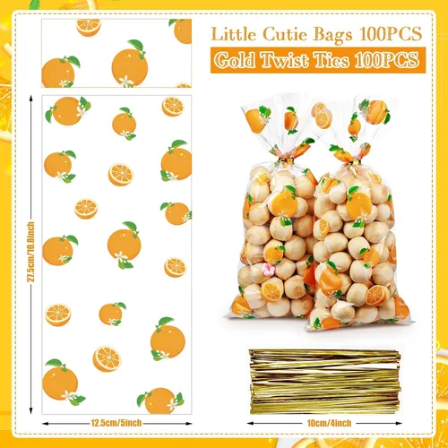 Miniatura 2 de Pajean 100 bolsas para baby shower, color naranja, de plástico, celofán, con 100 lazos dorados para galletas, aperitivos para fiesta de cumpleaños