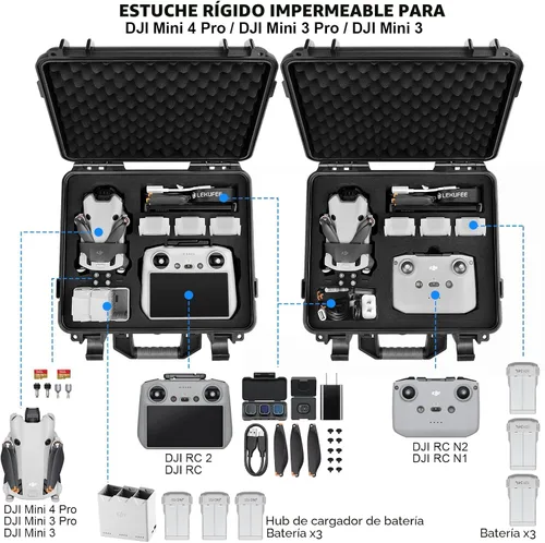 Miniatura 2 de Lekufee Funda rígida impermeable para DJI Mini 4 Pro/4/3 Pro/Mini 3, Fly More Combo, DJI RC 2/RC, RC N3/2/1 mando a distancia y accesorios