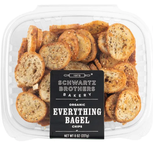Schwartz Brothers Bakery, Chips de bagel, todo, orgánico, kosher, artesanal, vegano. Recipiente recién horneado de 8 onzas (paquete de 2)