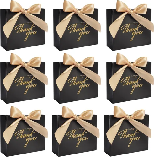 DECHISY Paquete de 24 bolsas pequeñas de regalo de agradecimiento, bolsas de regalo de fiesta, cajas con lazo dorado, bolsas de regalo de papel Negro