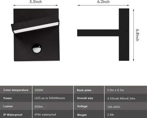 Miniatura 6 de Luz exterior con sensor de movimiento, luces LED de seguridad de 650 lm para exteriores, impermeables, con cabezal ajustable de 270°, iluminación