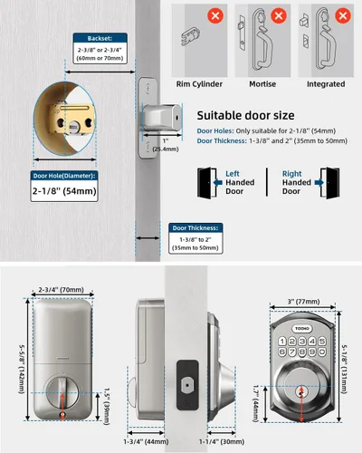 Miniatura 5 de TEEHO TE001 Cerradura de puerta de entrada sin llave con teclado, cerradura inteligente para puerta delantera con 2 llaves, bloqueo automático