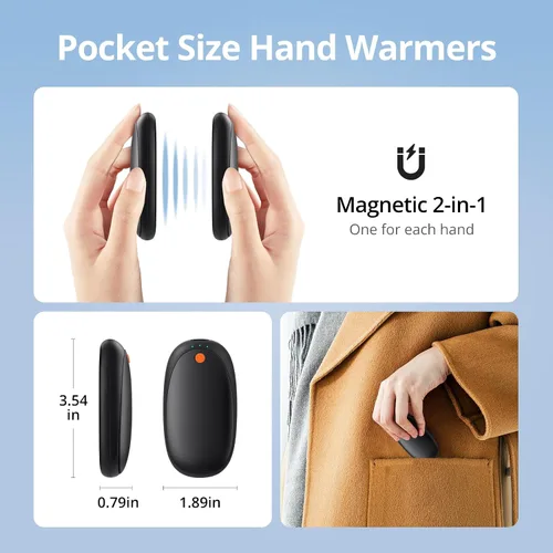 Miniatura 6 de 20H AI - Calentadores de manos recargables 2 unidades, calentador de bolsillo portátil de 6000 mAh, calentador de manos de calentamiento rápido