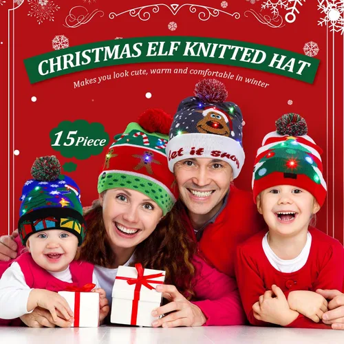 Miniatura 3 de Vicenpal Paquete de 15 gorros de Navidad con luces LED, gorro de punto con luz de Navidad, gorro de suéter de Navidad, suministros de fiesta