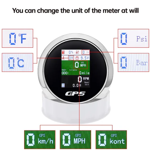 Miniatura 4 de Velómetro GPS 6 en 1 MAIMEIMI 85mm 3-3/8" Tachómetro Ajustable Multifuncional Voltímetro Nivel de Combustible Temperatura del Agua Presión de Aceite