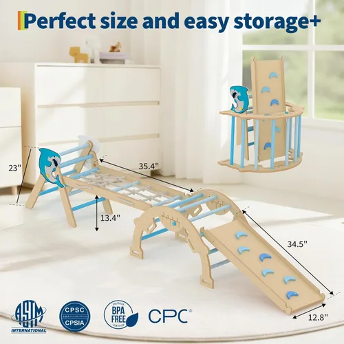 Miniatura 6 de Juguetes de escalada 4 en 1 para niños pequeños con rampa, arco y escalera, juego de triángulos Pikler con construcción de madera, juego de escalada