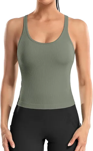 Miniatura 47 de ATTRACO Camiseta corta acanalada de entrenamiento para mujer con brasier integrado para yoga, espalda cruzada, ajuste ajustado