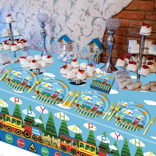 Miniatura 5 de Juego de 61 piezas de vajilla de fiesta de tren de tren de Chugga Choo, platos de automóvil de dibujos animados, servilletas y mantel, suministros