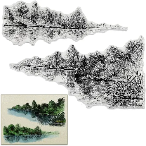 Sellos transparentes de fondo de paisaje de árbol lago para hacer tarjetas, decoración de álbumes de recortes, sellos transparentes de silicona para