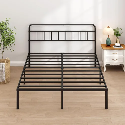 Miniatura 7 de Base de cama Queen con cabecera clásica, fuerte soporte de listones de metal, espacio de almacenamiento debajo de la cama, no necesita somier, fácil