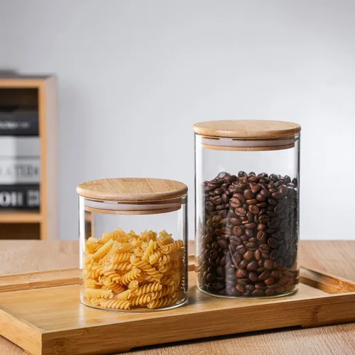 Miniatura 7 de MOLFUJ Contenedor de almacenamiento de vidrio de 18.6 fl oz / 18 onzas líquidas con tapa de madera, organizador decorativo transparente apilable