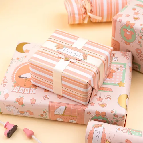 Miniatura 4 de WRAPAHOLIC - Papel de regalo reversible para bebé niña, mini rollo - 17 pulgadas x 33 pies - Diseño de bebé niña y rayas para baby shower, Bebita