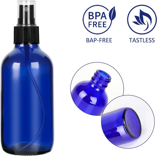 Miniatura 3 de CycleMore, 16 botellas de spray de vidrio azul de 120 ml, 4 oz, con rociadores de niebla fina, botellas de vidrio para viajes para cosméticos, Azul