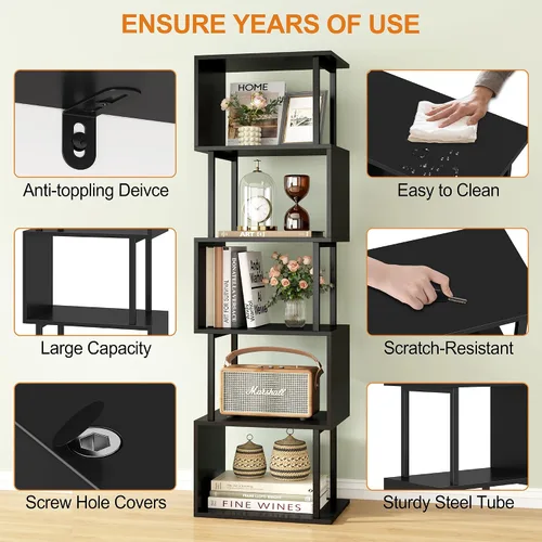 Miniatura 5 de Yusong Estantería de 5 niveles, estantería geométrica en forma de S para dormitorio, estante decorativo de madera moderna para oficina en casa, Negro