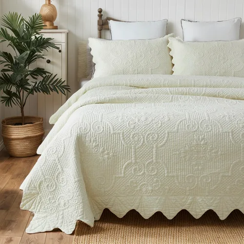 Miniatura 11 de Brandream - Juego de edredón tamaño Queen de algodón, edredones de estilo granja, ropa de cama Matelasse, colcha con borde festoneado, 3 piezas