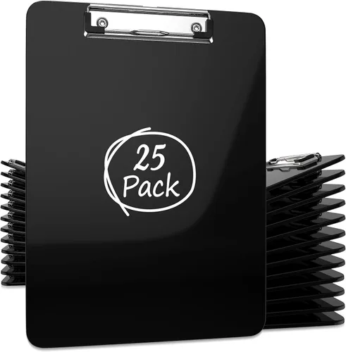 Kiggos Paquete de 25 portapapeles de plástico negros con clip de metal de perfil bajo de 12.5 x 9 pulgadas, juego de clase a granel de acrílico