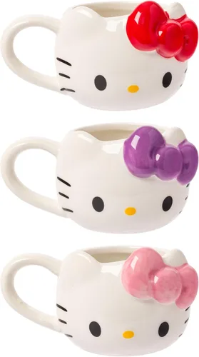 Silver Buffalo Sanrio Hello Kitty Conjunto de 3 tazas de cerámica esculpidas en 3D con arcos de diferentes colores, con asas, perfectas como set de