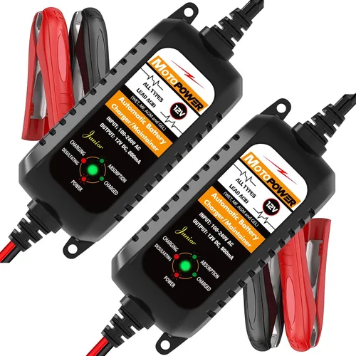 MOTOPOWER MP00205A Cargador de batería automático de 12 V 800 mA, mantenedor de batería, cargador de goteo y desulfatador de batería, paquete de 2