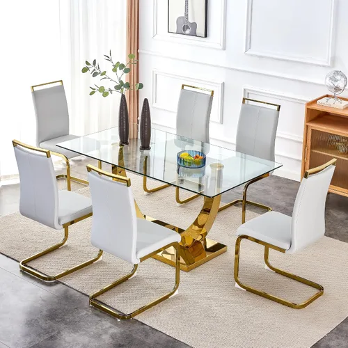 Miniatura 14 de Juego de mesa de comedor de cristal moderno para 4 personas con tapa rectangular de vidrio y 4 sillas de comedor negras de piel sintética, mesa