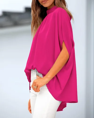Miniatura 67 de BTFBM Blusas de verano para mujer, cuello alto falso, manga murciélago, holgadas, dobladillo alto y bajo, blusas informales de gran